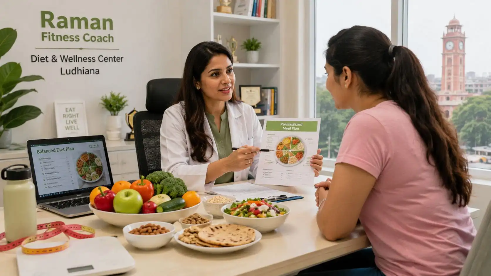 Professional female dietitian in Ludhiana consulting a client at Raman Fitness Coach nutrition clinic