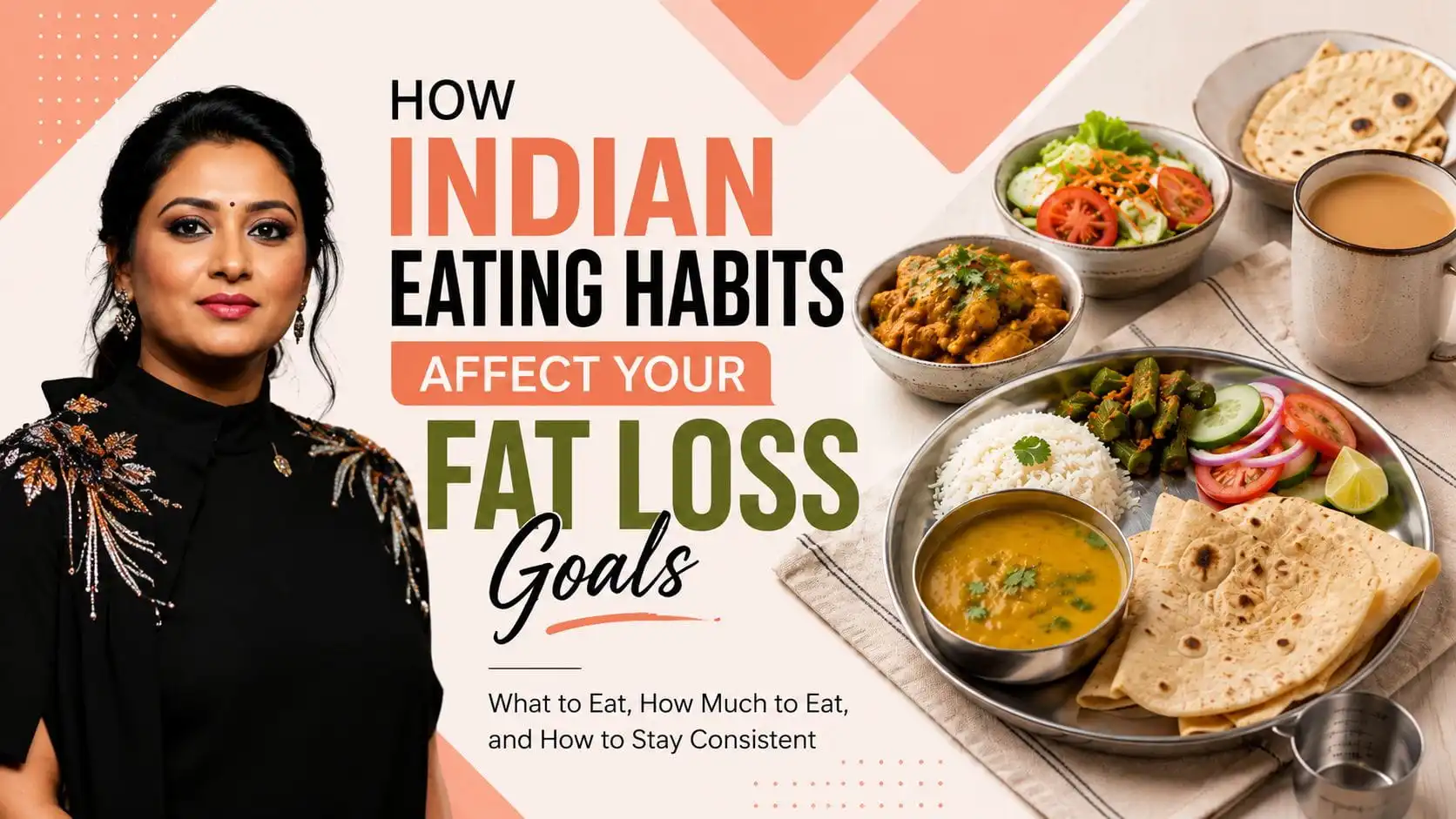 Indian fitness coach beside a balanced Indian meal with dal, roti, rice, sabzi, salad, and chai for healthy eating guidance