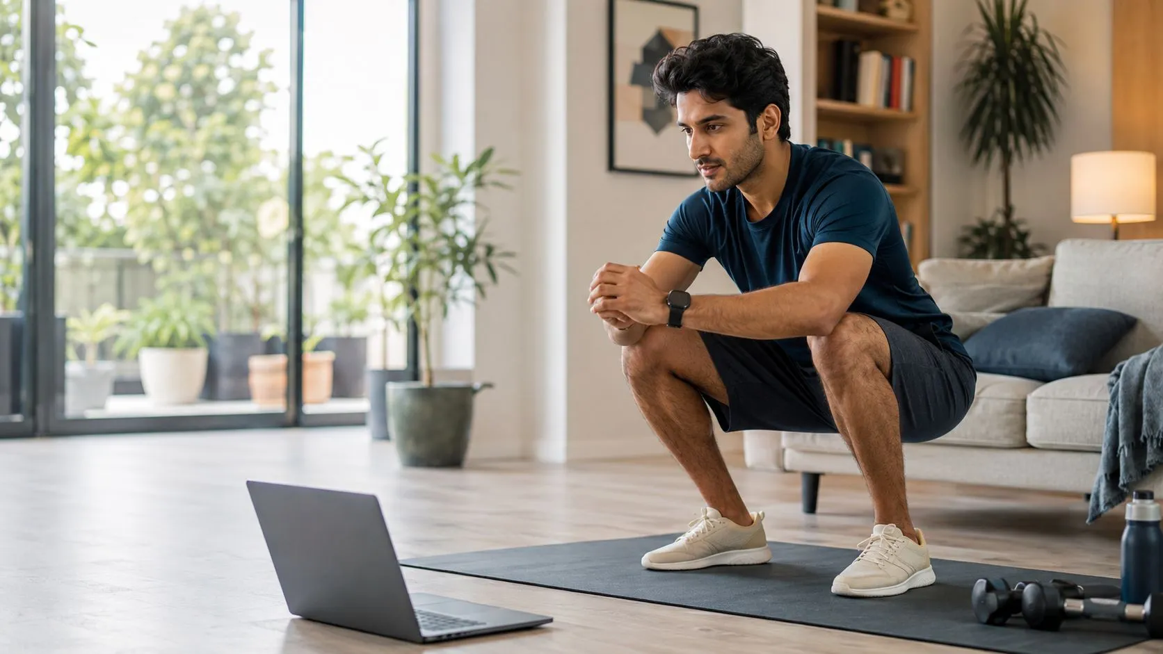 Indian professional following an online fitness training session at home with workout guidance on a laptop